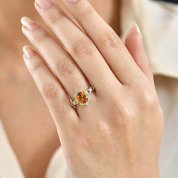 GP Royal Art Deco Collection Brazilian Citrine White Zircon Ring In 18K Vermeil YG And Rhodium Over Sterling Silver 1.60 Ctw