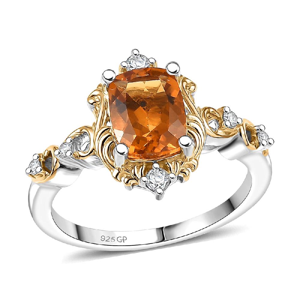 GP Royal Art Deco Collection Brazilian Citrine White Zircon Ring in 18K Vermeil YG and Rhodium Over Sterling Silver 1.60 ctw