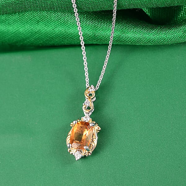 GP Royal Art Deco Collection Brazilian Citrine Zircon Pendant Necklace In 18K Vermeil YG And Rhodium Over Sterling Silver 1.60 Ctw (20 Inches) (Del. In 12-15 Days)