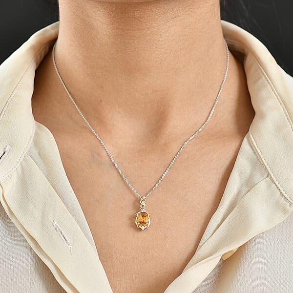 GP Royal Art Deco Collection Brazilian Citrine Zircon Pendant Necklace In 18K Vermeil YG And Rhodium Over Sterling Silver 1.60 Ctw (20 Inches) (Del. In 12-15 Days)