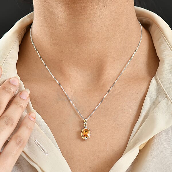 GP Royal Art Deco Collection Brazilian Citrine Zircon Pendant Necklace In 18K Vermeil YG And Rhodium Over Sterling Silver 1.60 Ctw (20 Inches) (Del. In 12-15 Days)