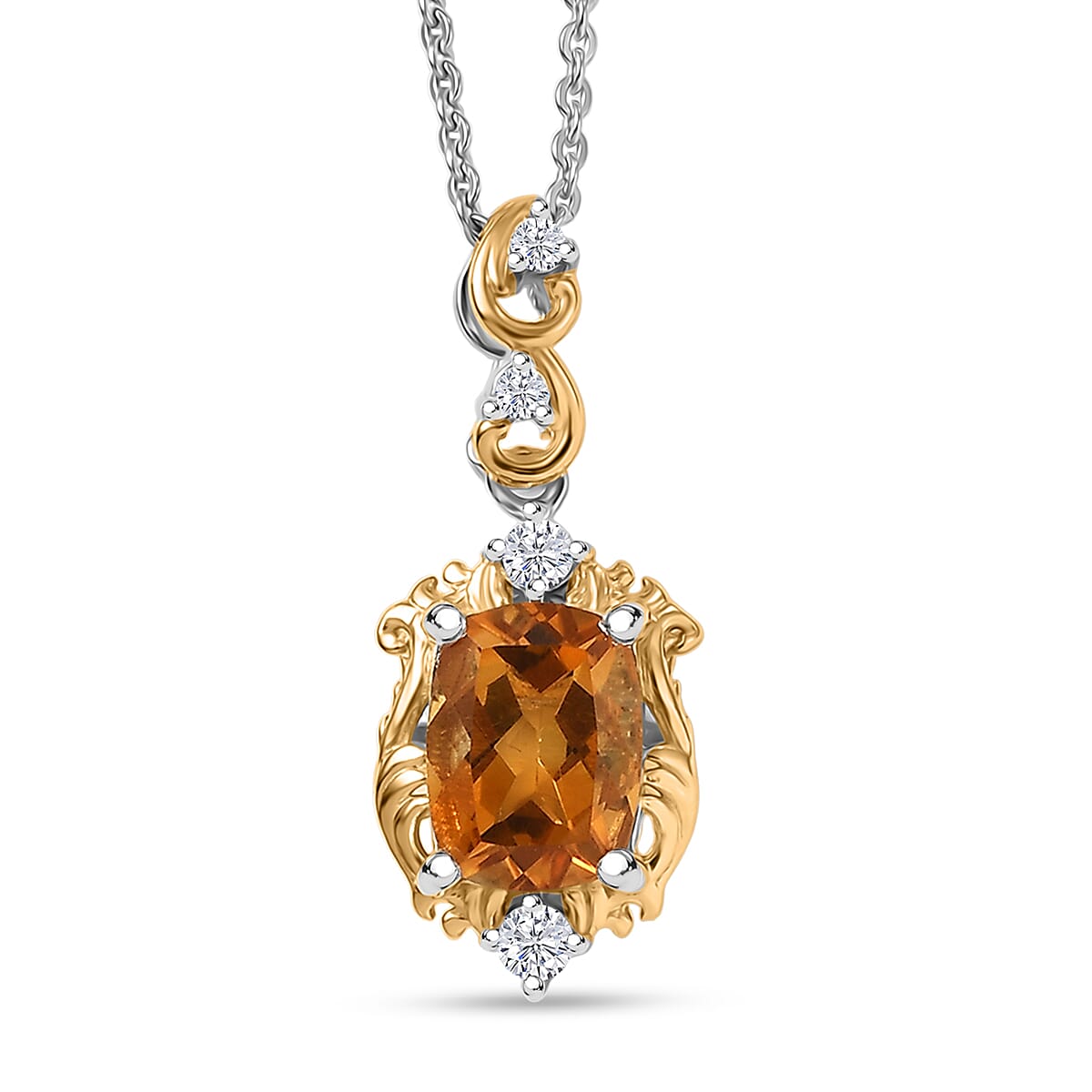GP Royal Art Deco Collection Brazilian Citrine Zircon Pendant Necklace in 18K Vermeil YG and Rhodium Over Sterling Silver 1.60 ctw (20 Inches) (Del. in 12-15 Days)