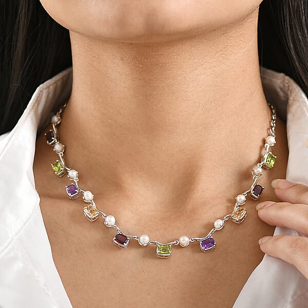GP Royal Art Deco Collection Multi Gemstone 9.40 Ctw Necklace In Rhodium Over Sterling Silver 18-20 Inches
