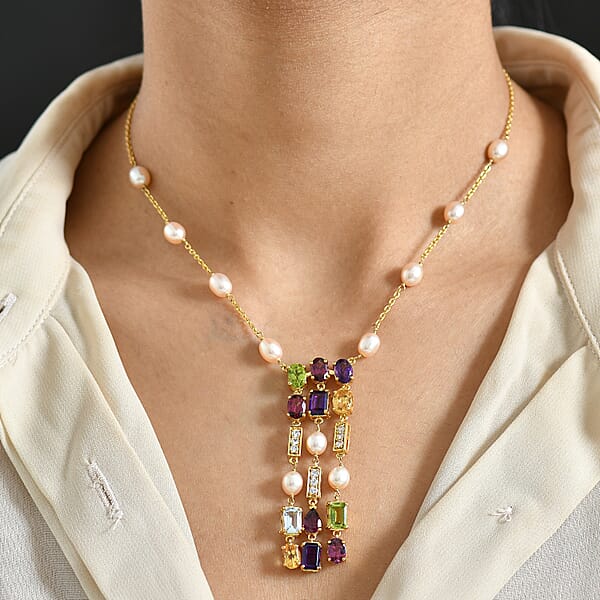 GP Royal Art Deco Collection Multi Gemstone Necklace In 18K Vermeil YG Over Sterling Silver 11.70 Ctw (18-20 Inches)
