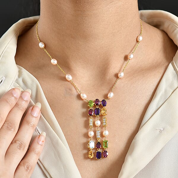 GP Royal Art Deco Collection Multi Gemstone Necklace In 18K Vermeil YG Over Sterling Silver 11.70 Ctw (18-20 Inches)