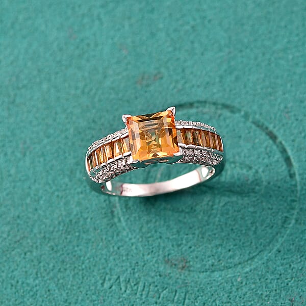 GP Royal Art Deco Collection Premium Brazilian Citrine And White Zircon 2.50 Ctw Ring In Rhodium Over Sterling Silver