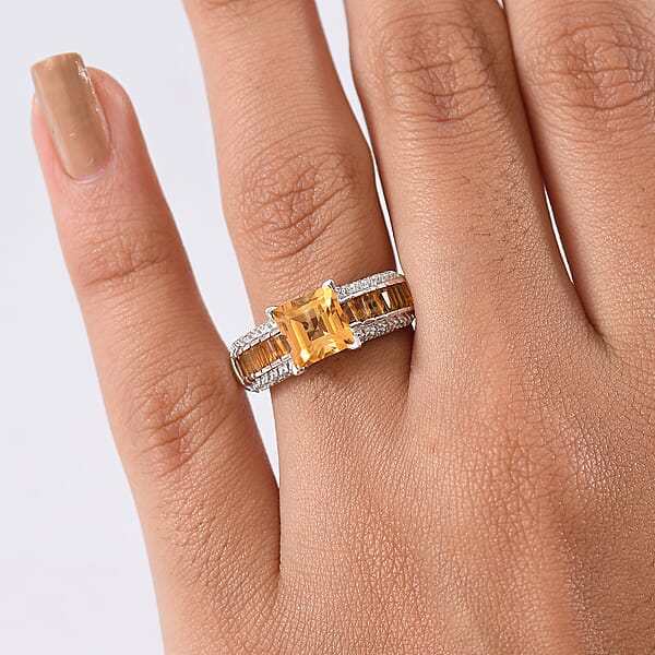 GP Royal Art Deco Collection Premium Brazilian Citrine And White Zircon 2.50 Ctw Ring In Rhodium Over Sterling Silver