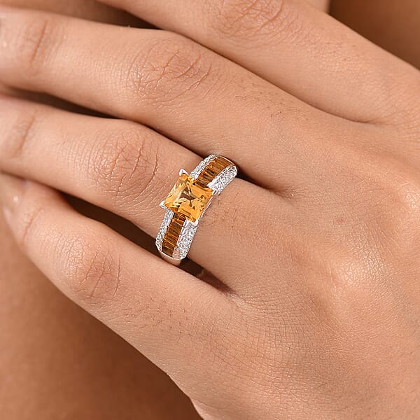 GP Royal Art Deco Collection Premium Brazilian Citrine And White Zircon 2.50 Ctw Ring In Rhodium Over Sterling Silver