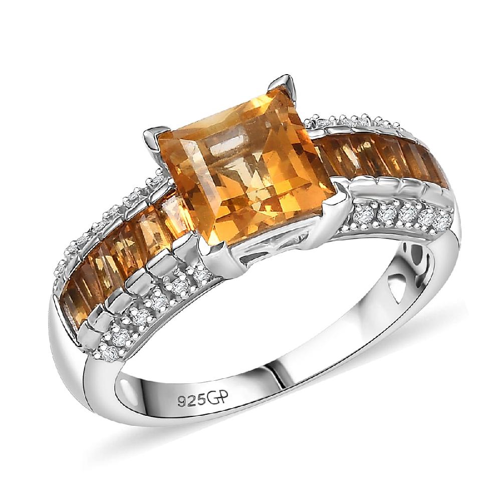 GP Royal Art Deco Collection Premium Brazilian Citrine and White Zircon 2.50 ctw Ring in Rhodium Over Sterling Silver