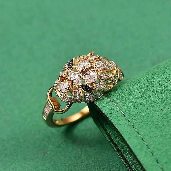 GP Trionfo Collection Green And White Diamond 0.40 Ctw Tiger Ring In 18K Vermeil Yellow Gold Over Sterling Silver