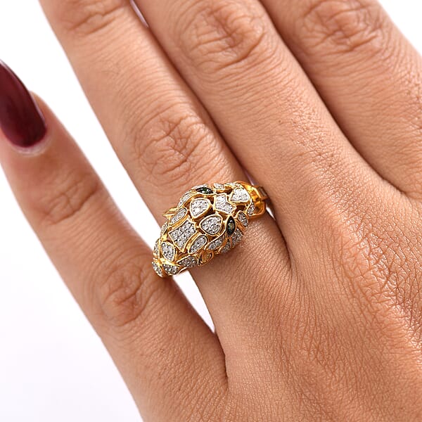 GP Trionfo Collection Green And White Diamond 0.40 Ctw Tiger Ring In 18K Vermeil Yellow Gold Over Sterling Silver