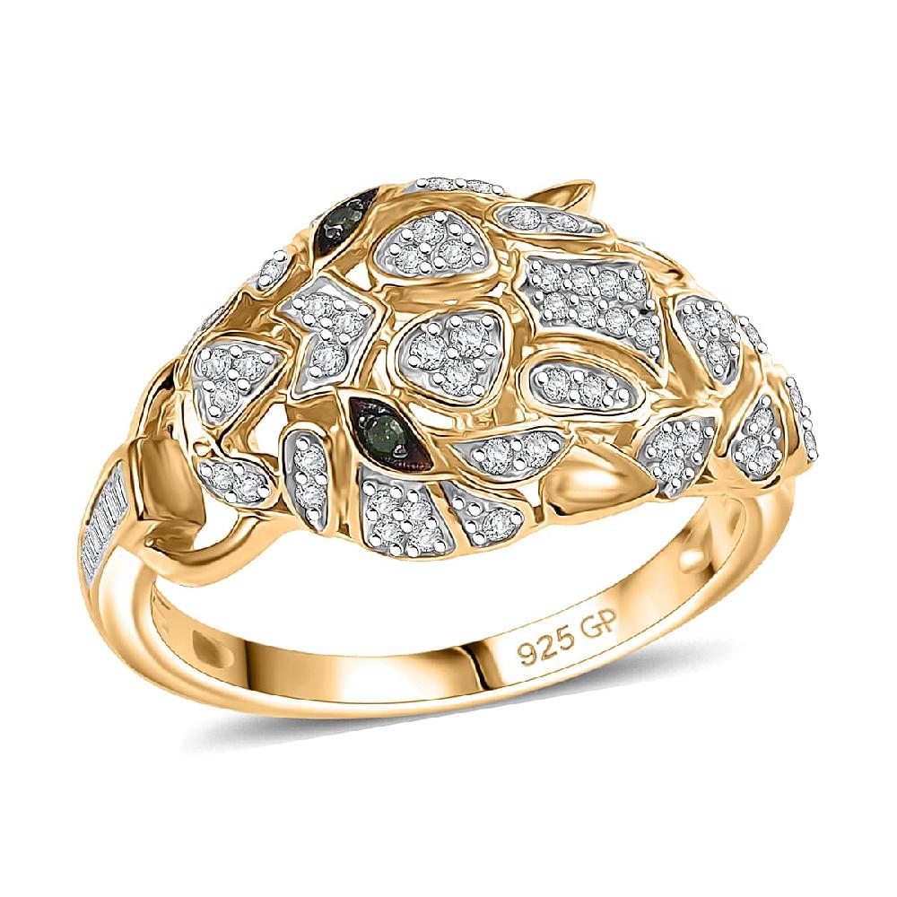GP Trionfo Collection Green and White Diamond 0.40 ctw Tiger Ring in 18K Vermeil Yellow Gold Over Sterling Silver