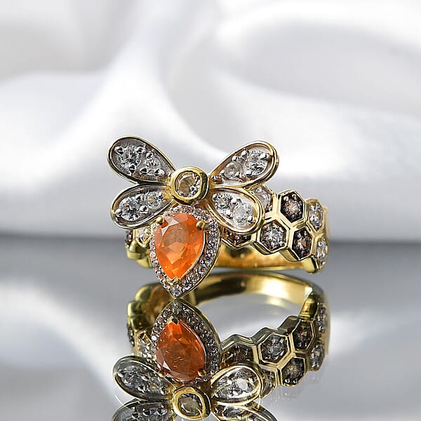 GP Trionfo Collection Jalisco Fire Opal And Multi Gemstone 2.30 Ctw Bee Ring In 18K Vermeil Yellow Gold Over Sterling Silver