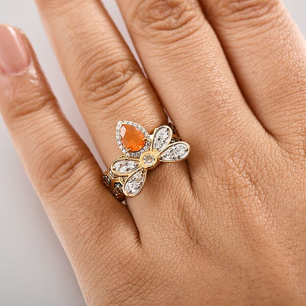 GP Trionfo Collection Jalisco Fire Opal And Multi Gemstone 2.30 Ctw Bee Ring In 18K Vermeil Yellow Gold Over Sterling Silver