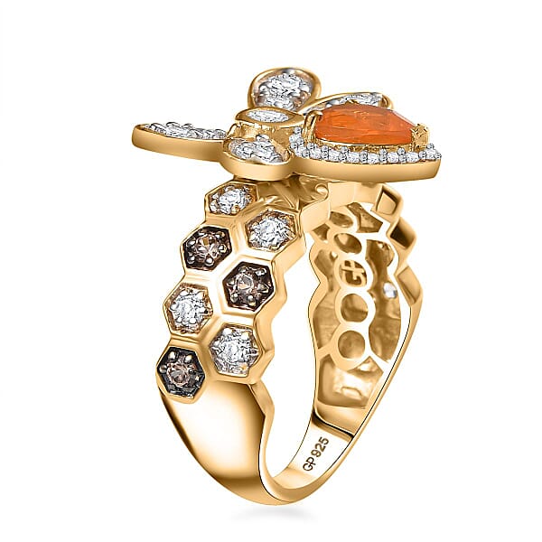 GP Trionfo Collection Jalisco Fire Opal And Multi Gemstone 2.30 Ctw Bee Ring In 18K Vermeil Yellow Gold Over Sterling Silver