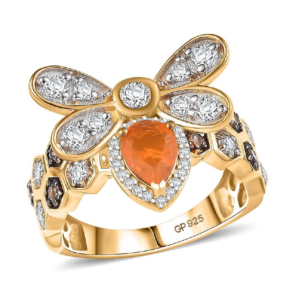 GP Trionfo Collection Jalisco Fire Opal and Multi Gemstone 2.30 ctw Bee Ring in 18K Vermeil Yellow Gold Over Sterling Silver
