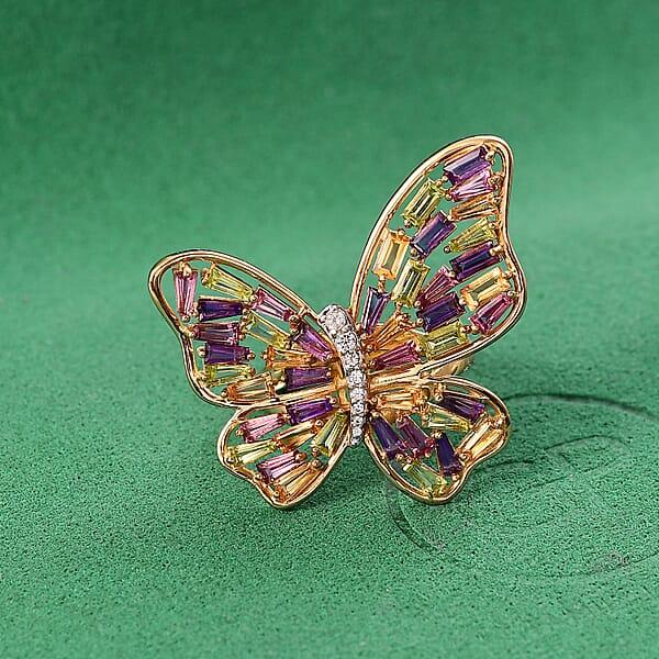 GP Trionfo Collection Multi Gemstone 4.15 Ctw Butterfly Ring In 18K Vermeil Yellow Gold Over Sterling Silver