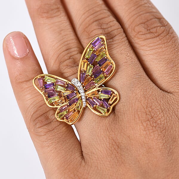 GP Trionfo Collection Multi Gemstone 4.15 Ctw Butterfly Ring In 18K Vermeil Yellow Gold Over Sterling Silver