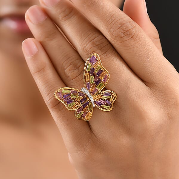 GP Trionfo Collection Multi Gemstone 4.15 Ctw Butterfly Ring In 18K Vermeil Yellow Gold Over Sterling Silver