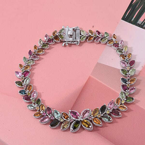 GP Trionfo Collection Premium Multi-Tourmaline 11.20 Ctw Butterfly Pastel Bracelet In Rhodium Over Sterling Silver (7.25 In)
