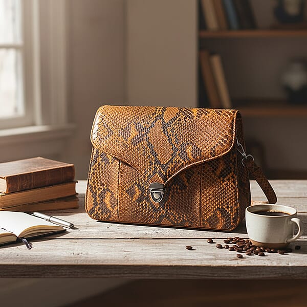 Grand Pelle Camel Genuine Python Leather Flap Bag With Shoulder Strap