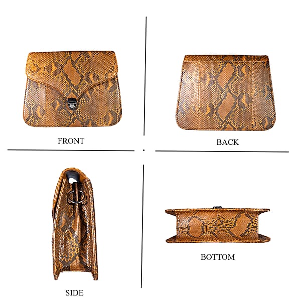 Grand Pelle Camel Genuine Python Leather Flap Bag With Shoulder Strap