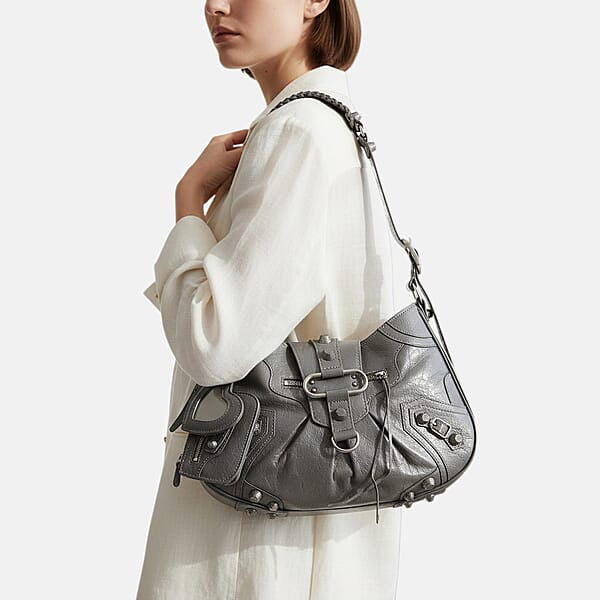Grand Pelle Gray Genuine Leather Crossbody Bag With Shoulder Strap