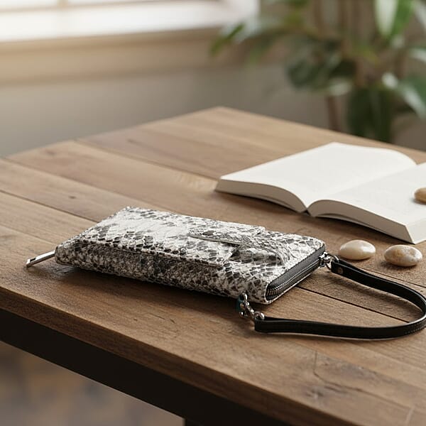 Grand Pelle Natural Genuine Python Leather Zip Clutch With Snap Pocket