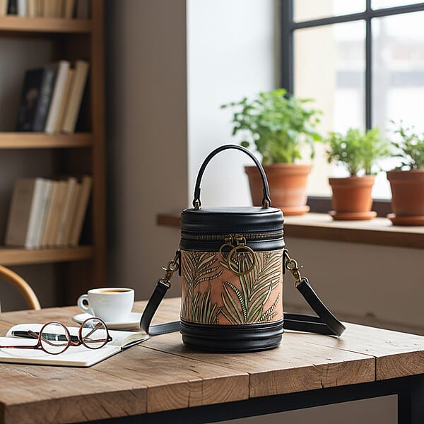 Grand Pelle Navy Areca Palm Leaf Embossed Genuine Leather Cylinder Crossbody Bag With Shoulder Strap