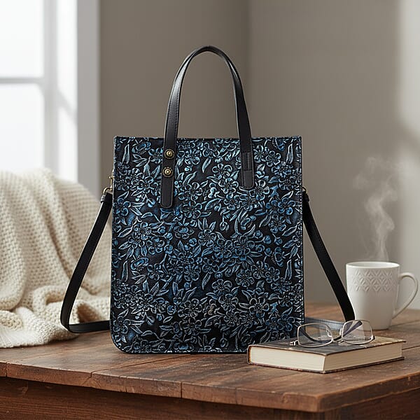 Grand Pelle Navy Plum Blossom Embossed Genuine Leather Rectangular Bag With Shoulder Strap