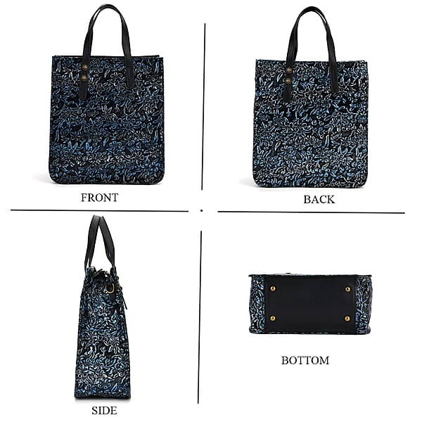 Grand Pelle Navy Plum Blossom Embossed Genuine Leather Rectangular Bag With Shoulder Strap
