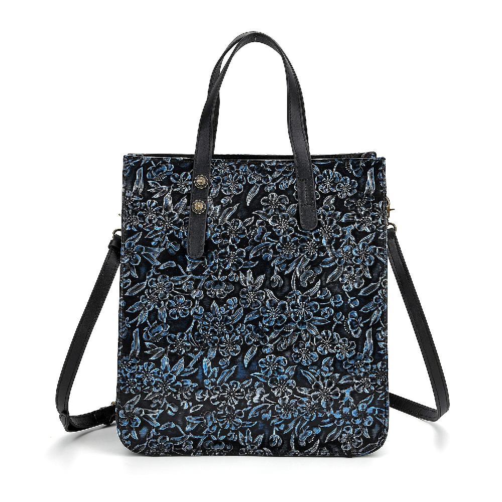 Grand Pelle Navy Plum Blossom Embossed Genuine Leather Rectangular Bag with Shoulder Strap