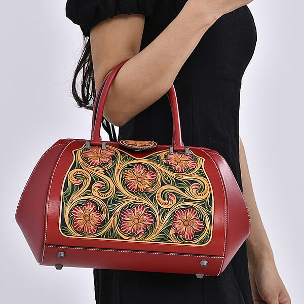 Grand Pelle Red With Multicolor Hand Engraving Flower Genuine Leather Hand Bag With Handle Drop 6.3