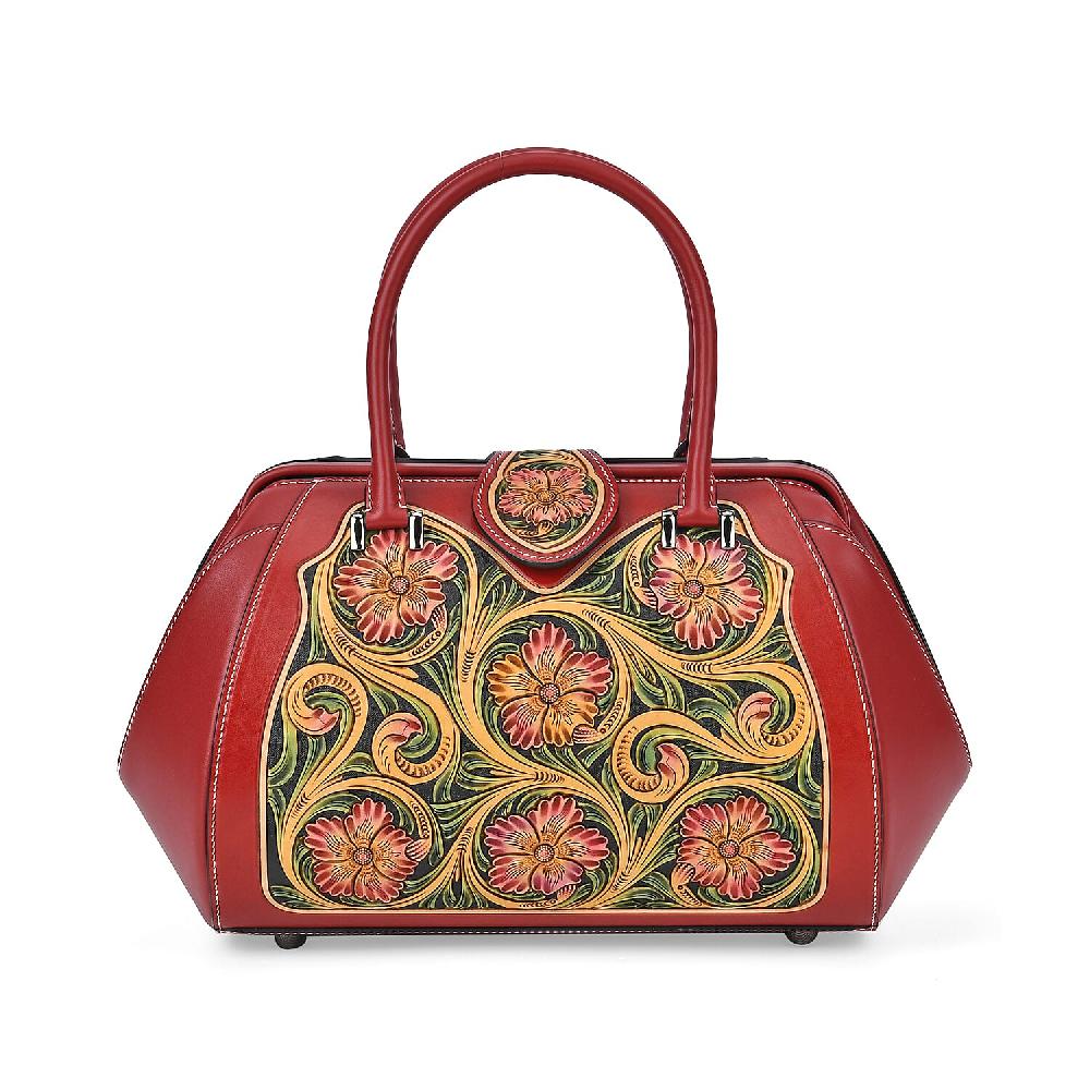 Grand Pelle Red with Multicolor Hand Engraving Flower Genuine Leather Hand Bag with Handle Drop 6.3