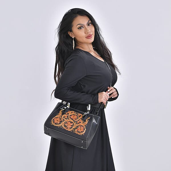 Grand Pelle Royal Collection Black With Multi Color Hand Engraving Flower Pattern Genuine Leather Tote Bag