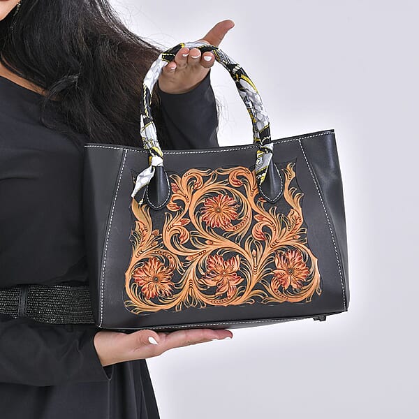 Grand Pelle Royal Collection Black With Multi Color Hand Engraving Flower Pattern Genuine Leather Tote Bag