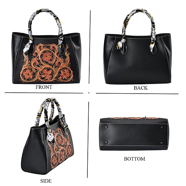 Grand Pelle Royal Collection Black With Multi Color Hand Engraving Flower Pattern Genuine Leather Tote Bag