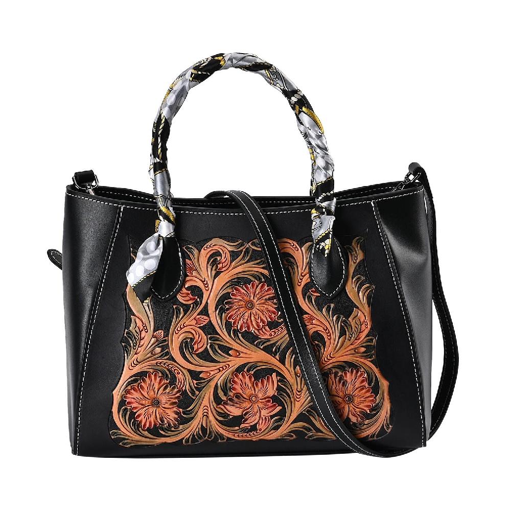 Grand Pelle Royal Collection Black with Multi Color Hand Engraving Flower Pattern Genuine Leather Tote Bag