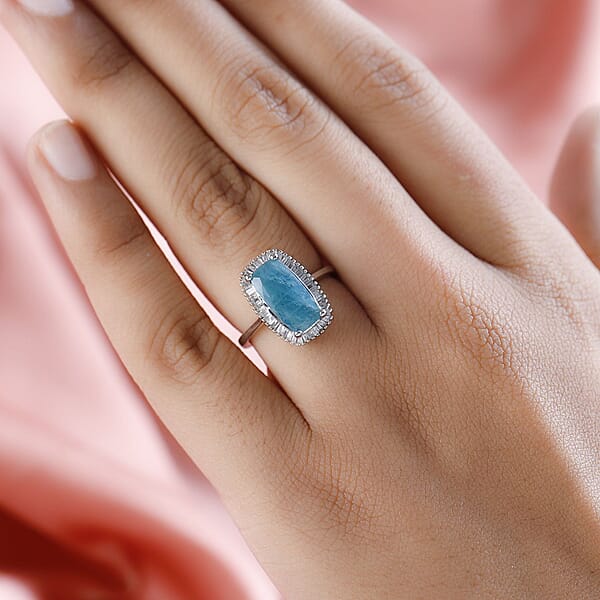 Grandidierite Diamond 2.00 Ctw Halo Ring In Platinum Over Sterling Silver Wedding Rings For Women 2.60 Ctw