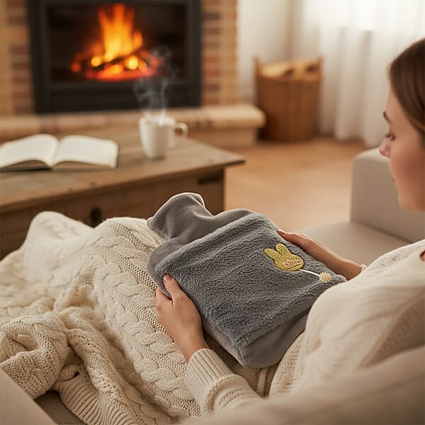 Gray 2L Hot Water Bag With Rabbit Faux Fur Cover