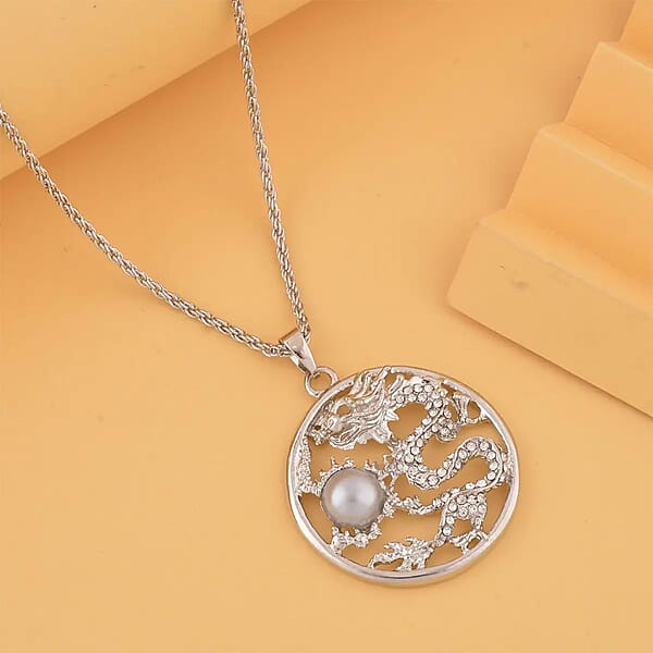 Gray Chroma And Austrian Crystal Dragon Pendant Necklace In Silvertone 24-26 Inches