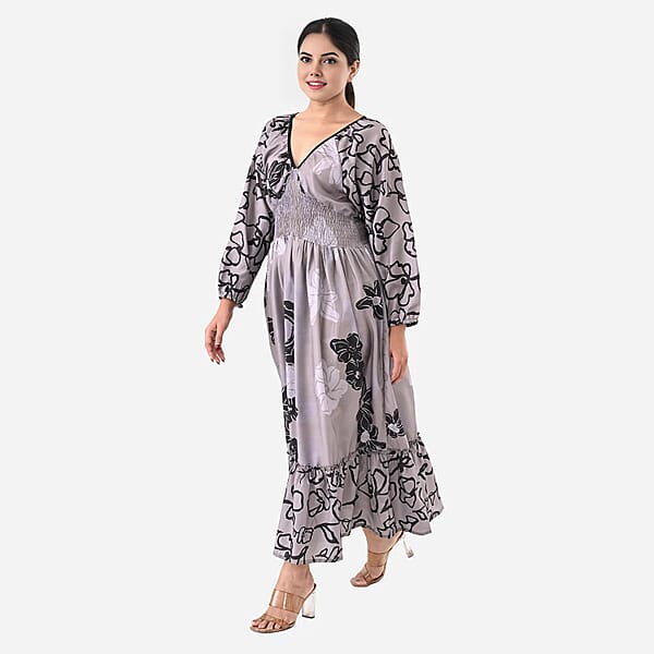 Gray Full Sleeves Smocked Waist PV Muslin Maxi Dress - One Size Fits Most
