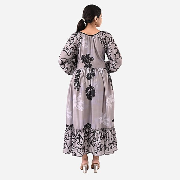 Gray Full Sleeves Smocked Waist PV Muslin Maxi Dress - One Size Fits Most