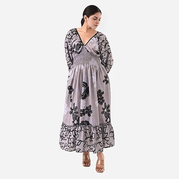 Gray Full Sleeves Smocked Waist PV Muslin Maxi Dress - One Size Fits Most