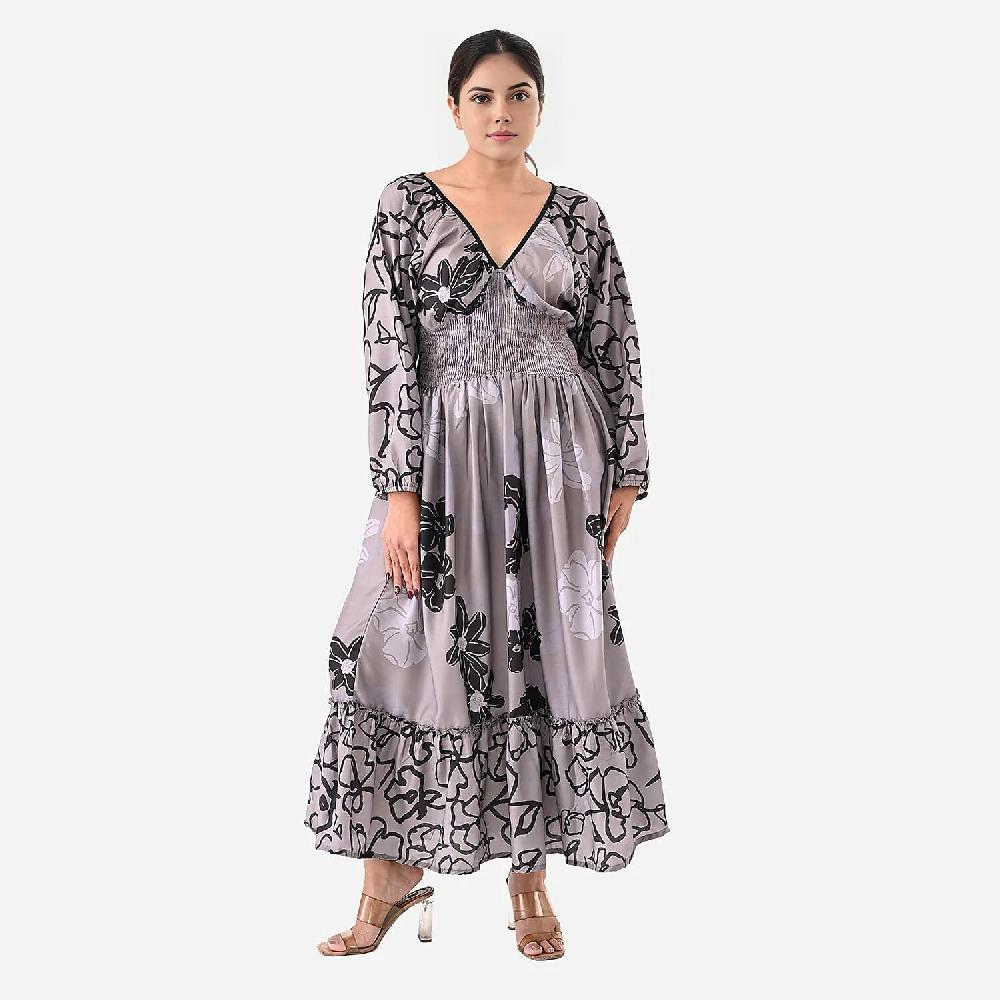 Gray Full Sleeves Smocked Waist PV Muslin Maxi Dress - One Size Fits Most