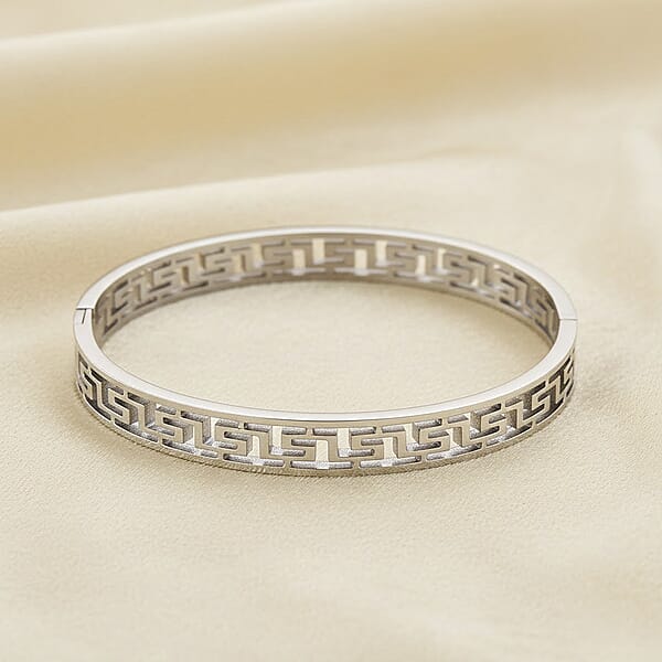 Greek Key Bangle Bracelet In Stainless Steel (7.25 Inches)