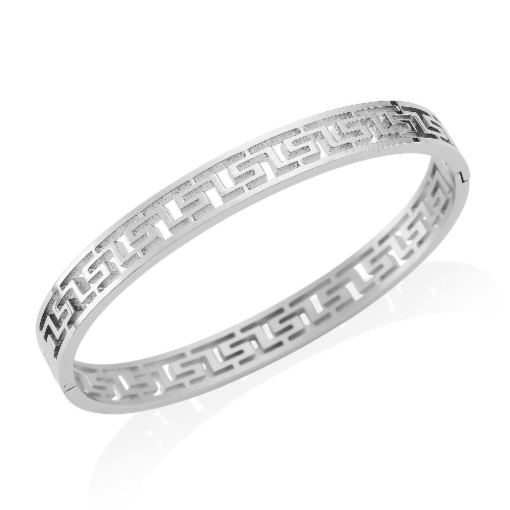 Greek Key Bangle Bracelet in Stainless Steel (7.25 Inches)