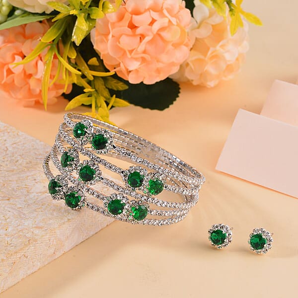 Green And White Color Austrian Crystal Bangle Bracelet (7-7.5 In) And Earrings In Silvertone