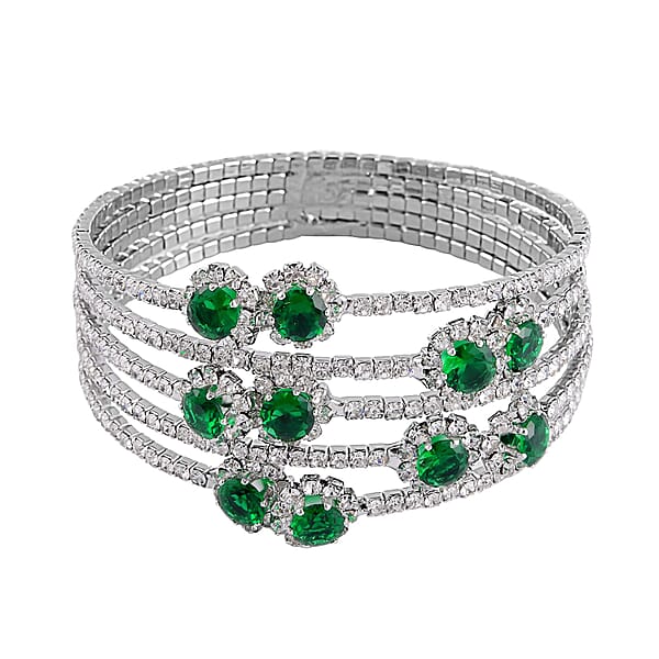 Green And White Color Austrian Crystal Bangle Bracelet (7-7.5 In) And Earrings In Silvertone