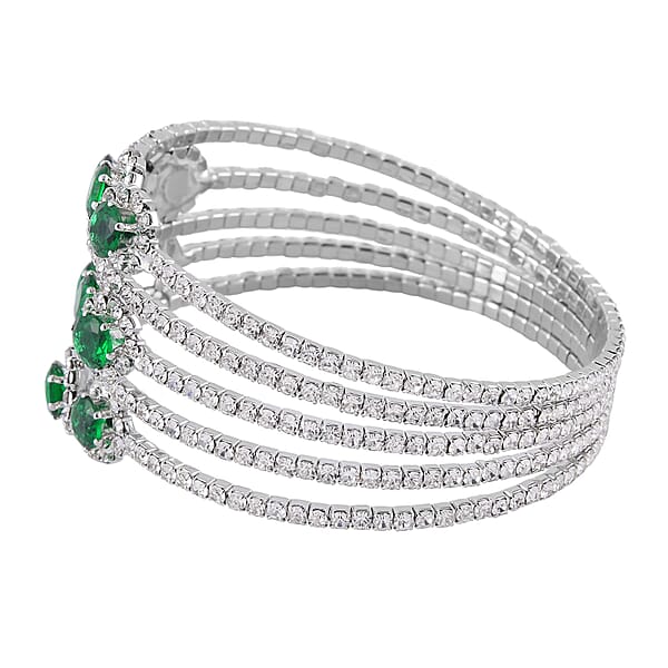 Green And White Color Austrian Crystal Bangle Bracelet (7-7.5 In) And Earrings In Silvertone